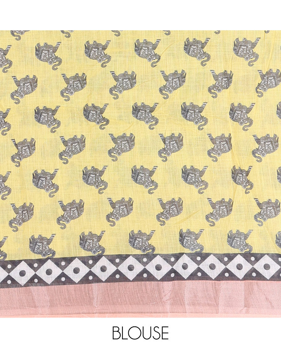 Orange plain linen cotton saree, silver zari border of elephant motifs print, elephant motifs pallu, and a contrast elephant motifs printed blouse