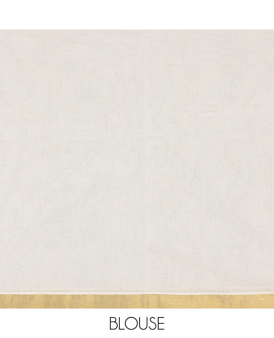 Half-white and maroon leaf motifs printed Kerala cotton saree, temple gold zari border, gold zari pallu, and matching blouse