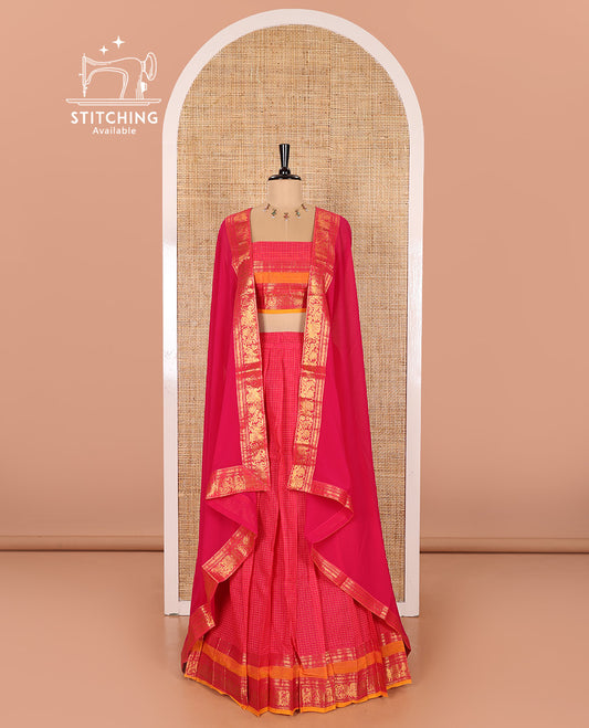 Rani Pink and Yellow Chettinad Cotton Half-Saree Featuring Checked Skirt, Highlighted with a Contrast Rettai Pettu Zari Peacock and Rudraksham Motifs Border, a Subtly Woven Matching Blouse, and a Georgette Traditional Zari-Bordered Dhavani