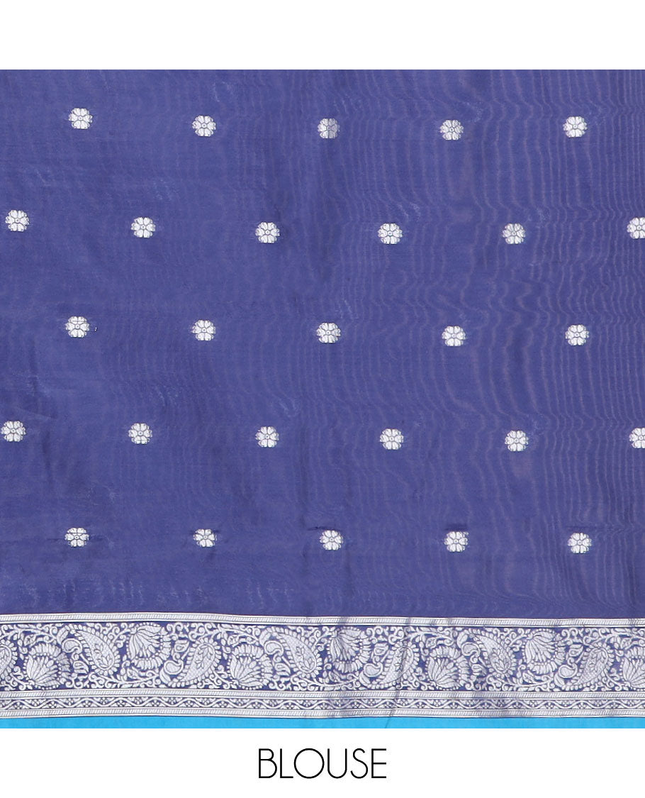 Blue vaira ousi model design litchi soft silk saree  with self border of temple , white zari manga design & contrast pallu