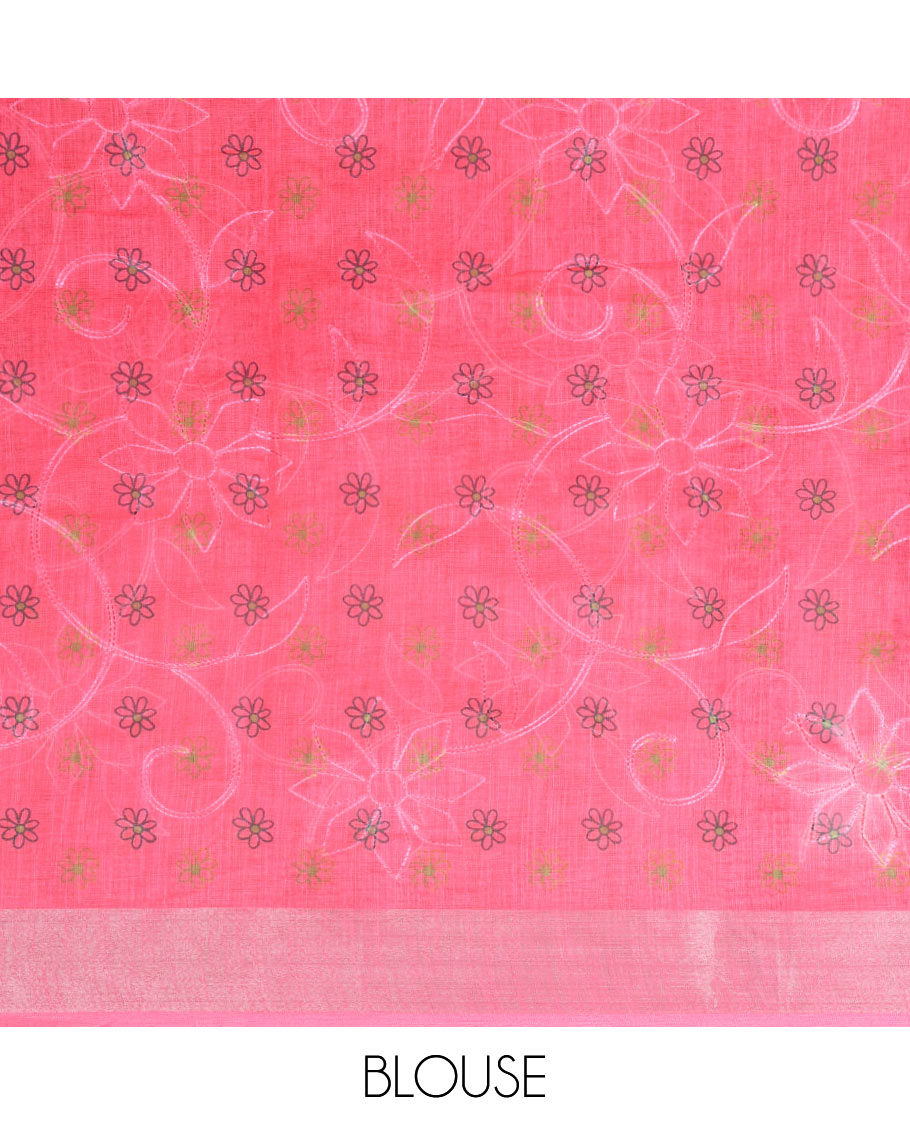 Rani pink floral buttas embroidery linen saree with bhavanji border & self pallu along with butta printed blouse