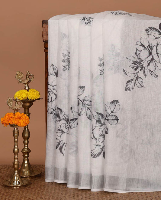 White floral printed linen cotton saree, silver zari border, realistic floral printed pallu & intricate floral print blouse