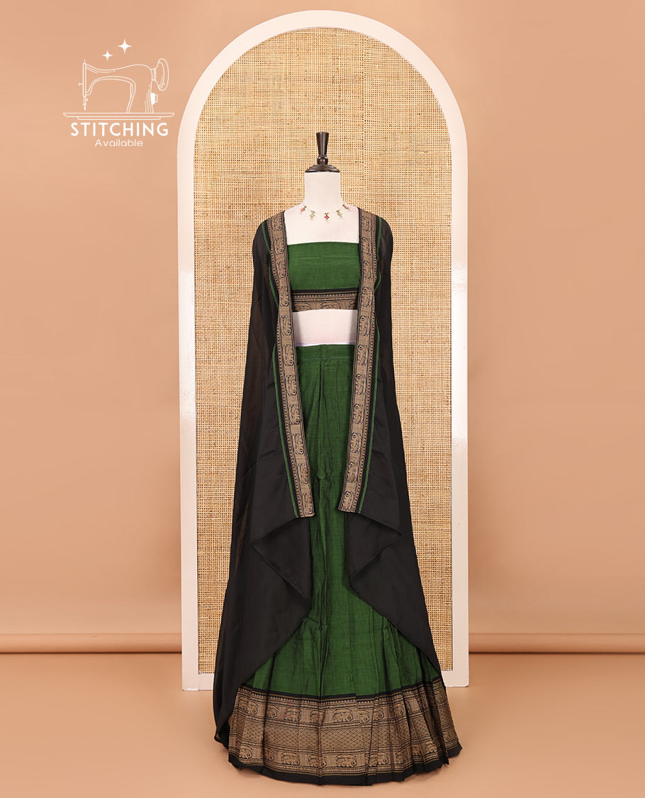 Leaf green with black cotton half saree with contrast elephant design border,elephant design blouse & zari design border dhavani