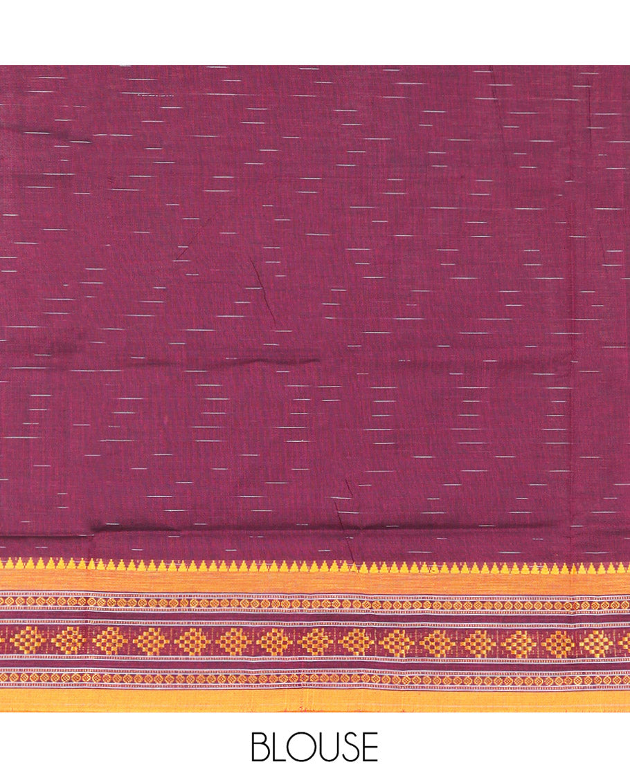 Wine Odisha Cotton Saree, Subtly Woven with Buttas All Over the Body, Complemented by a Contrast Temple Border of Geometric Thread Patterns, Pallu Depicts Geometric Patterns, and Paired with a Matching Blouse