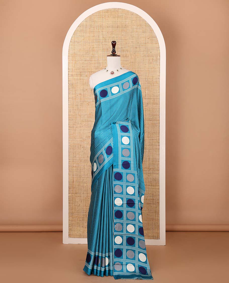 Blue small polka dots printed gajji silk saree with self-border & pallu printed with a dot enclosed checks, blouse with intricate motif print