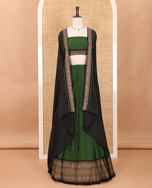 Leaf green with black cotton half saree with contrast elephant design border,elephant design blouse & zari design border dhavani
