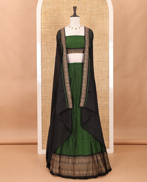 Leaf green with black cotton half saree with contrast elephant design border,elephant design blouse & zari design border dhavani