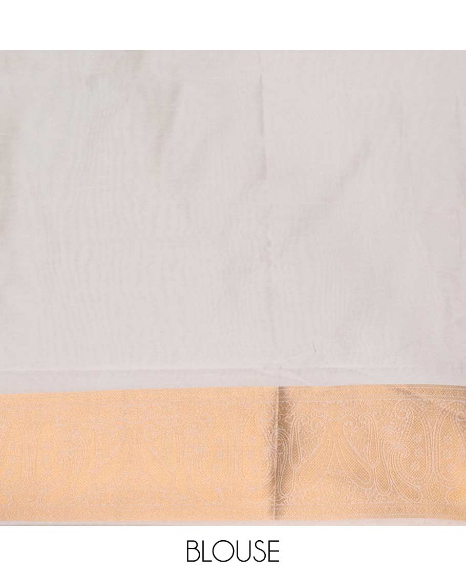 Borderless half-white traditional zari motifs steeped elite soft silk saree, floral jaal pallu, and matching zari buttas woven blouse