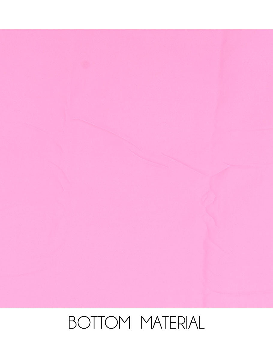 Pink material churidar set, stone work with Schiffli style embroidered georgette top, American Crape bottom, and polka dotted printed mirror work dupatta