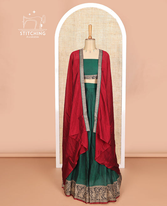 Green cotton half saree with contrast wedding design border, zari design blouse & plain , zari design border dhavani
