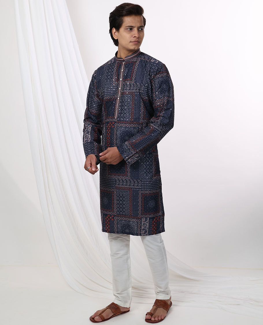 Blue floral design with mirror work mandarin collar & full-sleeve long raw silk kurta