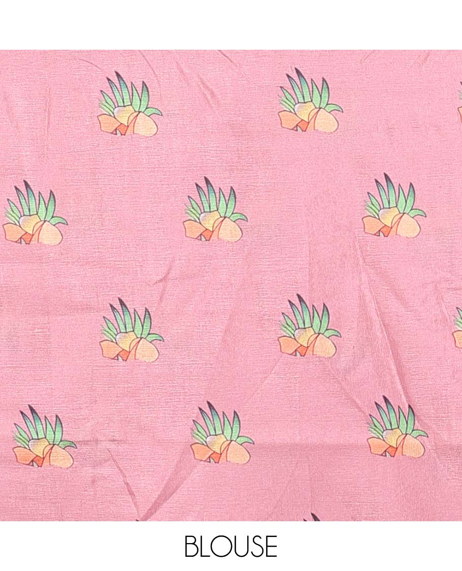 Pink human design half saree with contrast border, unique design blouse & human design dhavani