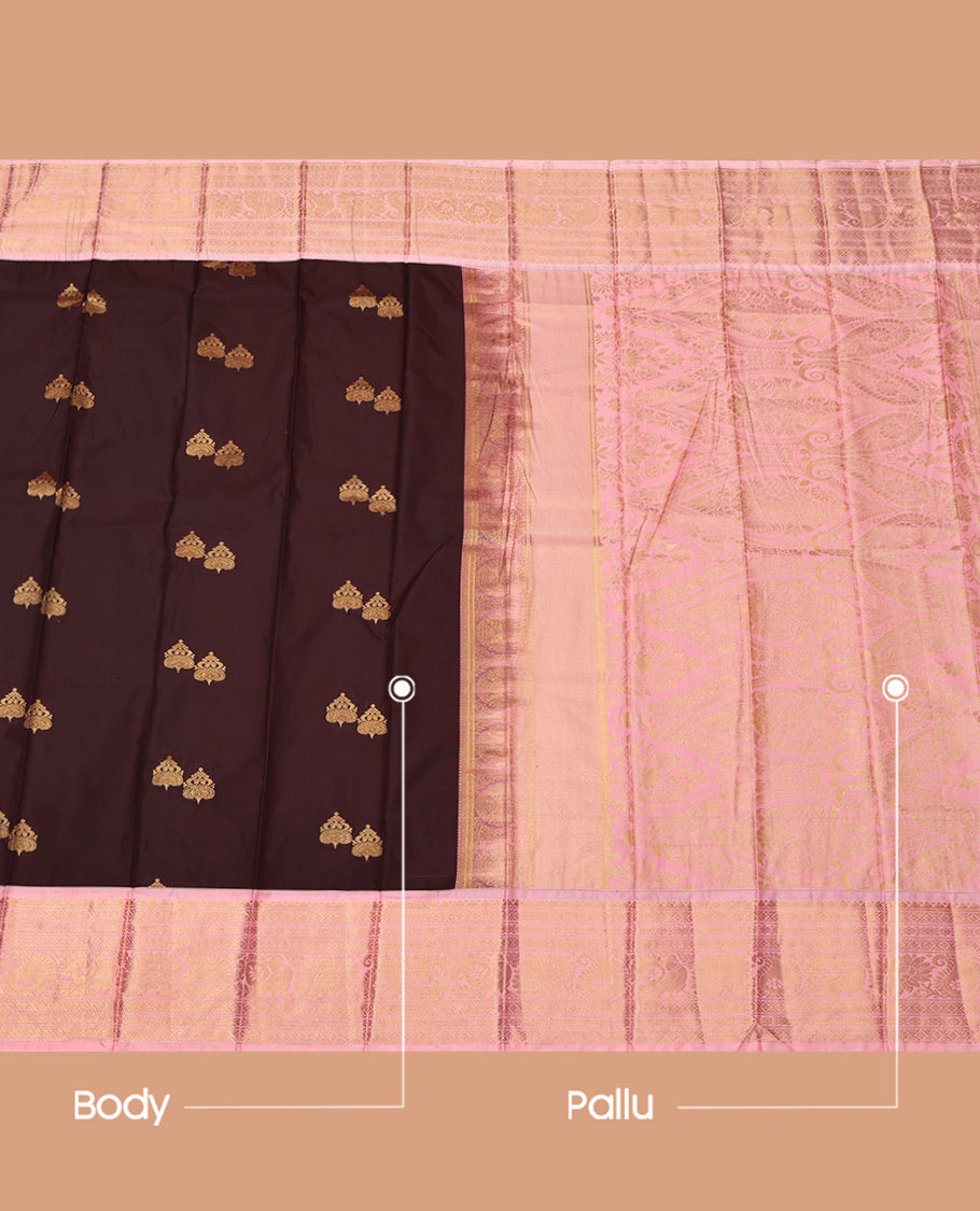 Brown Budget Silk Saree, Enriched with Zari Buttas, Complemented by a Contrast Traditional Zari Border, Grand Pallu, and a Contrast Blouse
