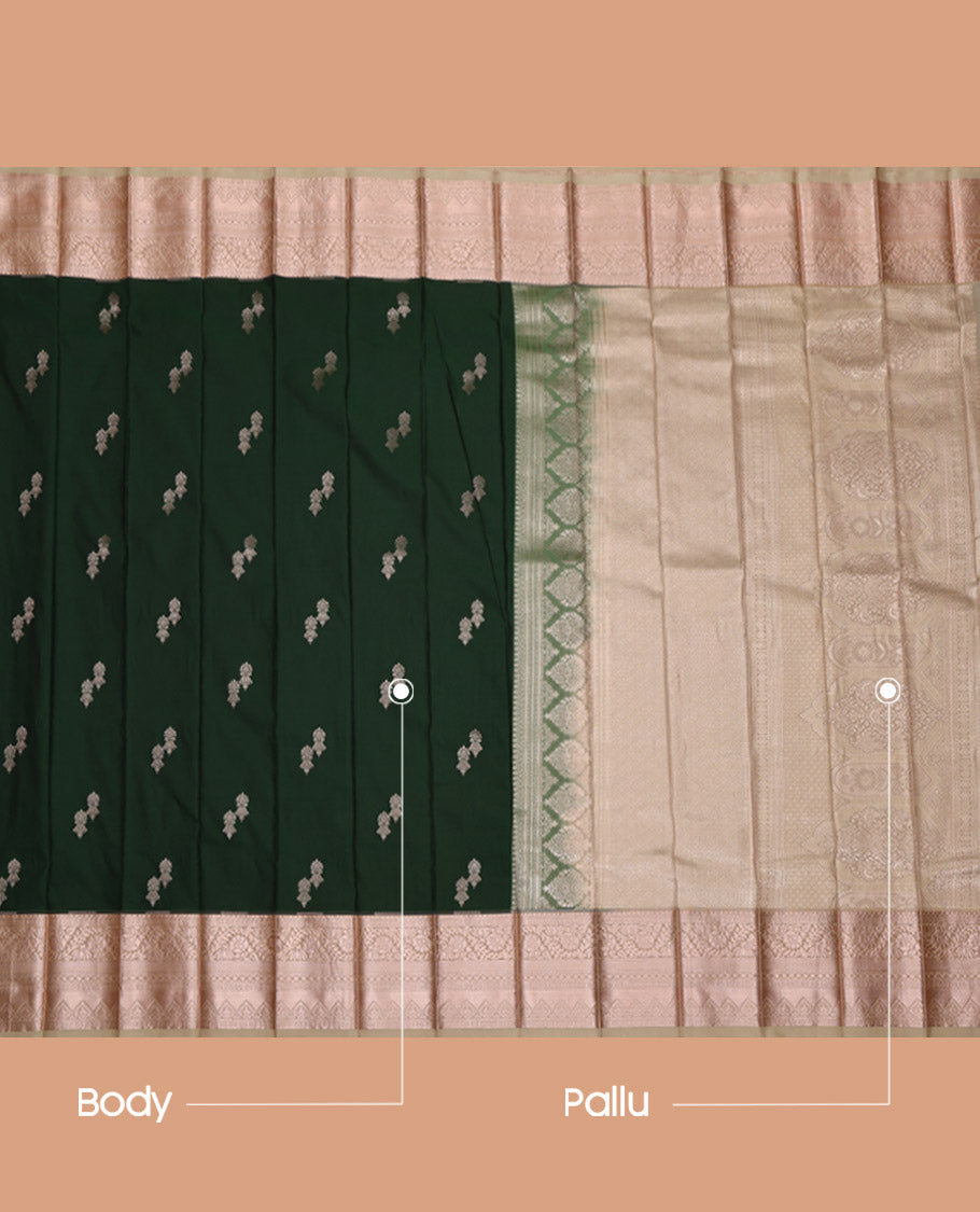 Green Budget Silk Saree, Spotlighted with Zari Buttas All Over Its Body, Complemented by a Contrast Traditional Zari Design Border, Grand Pallu, and Paired with a Contrast Blouse