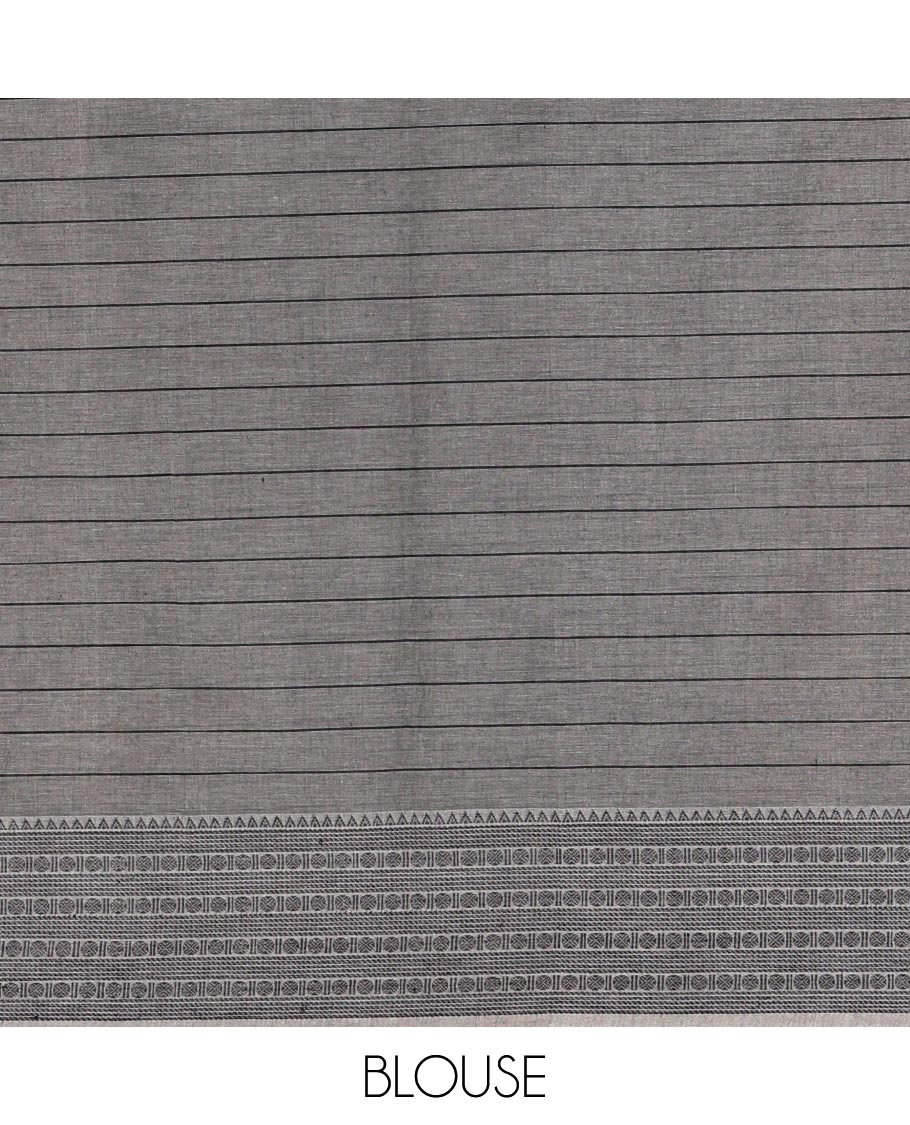 Cream-black horizontal striped and girl motifs printed Mangalagiri cotton saree, traditional motifs woven border, printed pallu, and a contrast blouse