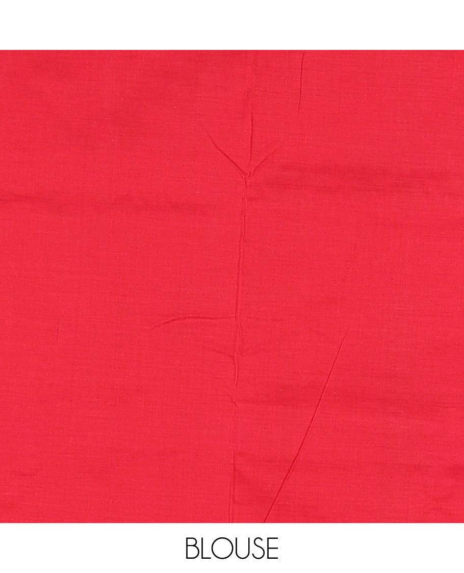 Half white vine design ikkat cotton saree, contrast plain border,  ikkat design pallu, and contrast plain blouse