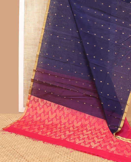 Blue geometric design silk cotton saree with self zari border & intricate zari design pallu