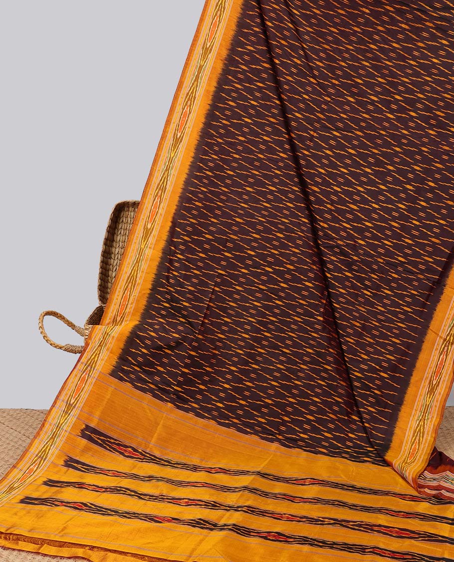 Brown arygle design ikkat silk saree with contrast border & striped design pallu