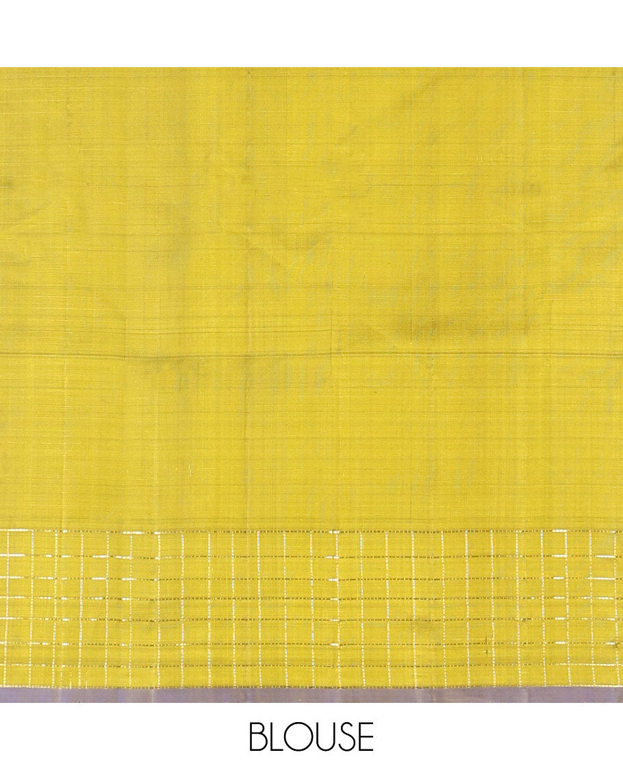 Light green checked kancheepuram silk saree with contrast checked border & floral design pallu