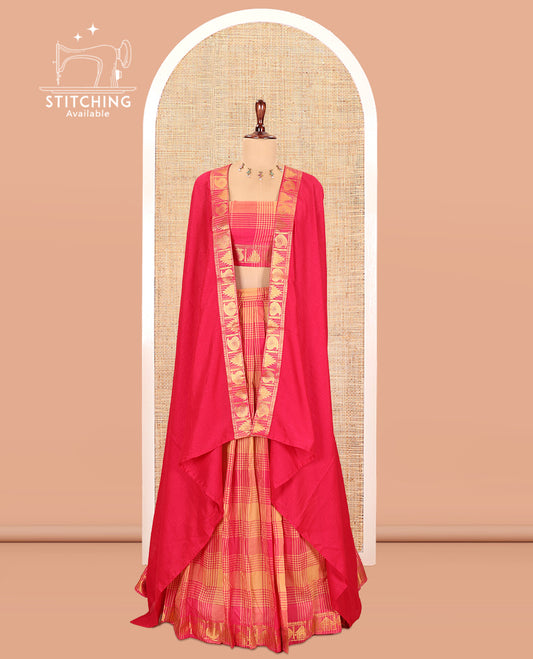 Multi-Color Checked Chettinad Cotton Half-Saree Features a Temple-Paisley Border, Matching Blouse, Contrast Dhavani