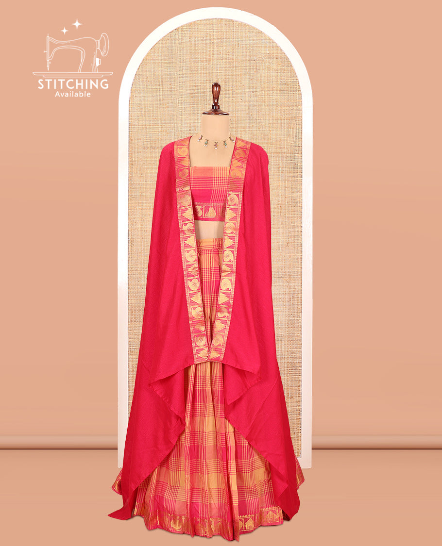 Multi-Color Checked Chettinad Cotton Half-Saree Features a Temple-Paisley Border, Matching Blouse, Contrast Dhavani