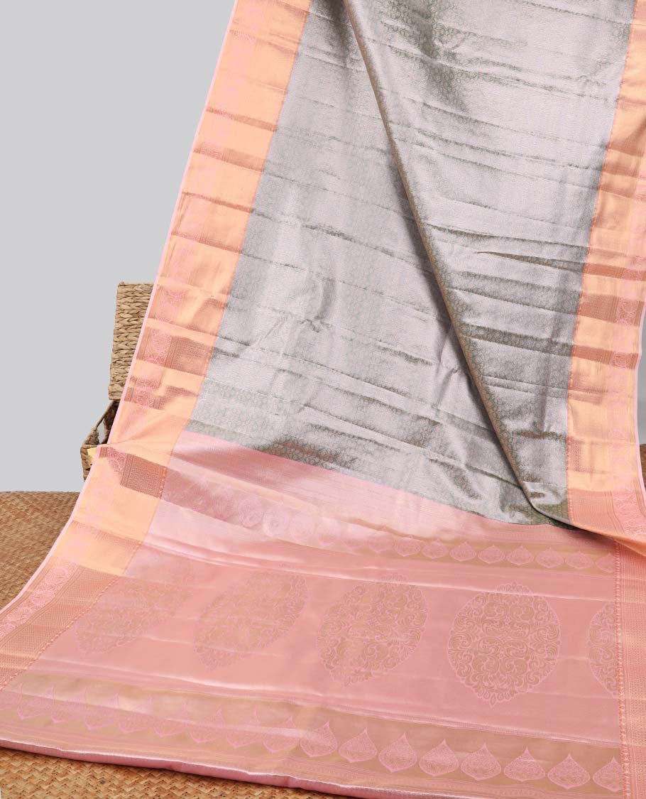 Grey floral jacquard budget silk saree with contrast zari border & floral zari design pallu