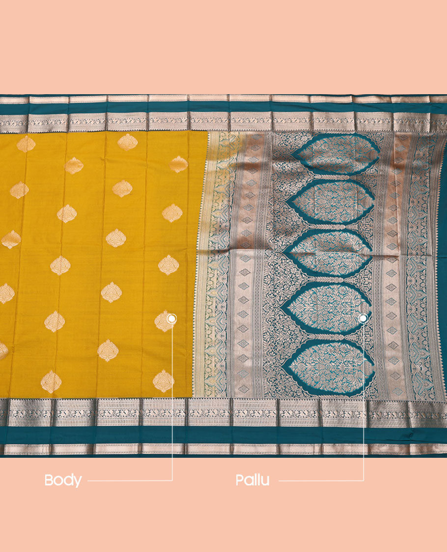Yellow Budget Silk Saree, Mesmerized with Zari Buttas, Complemented by a Contrast Traditional Zari  Rettai Pettu Border, Grand Pallu, and a Contrast Blouse