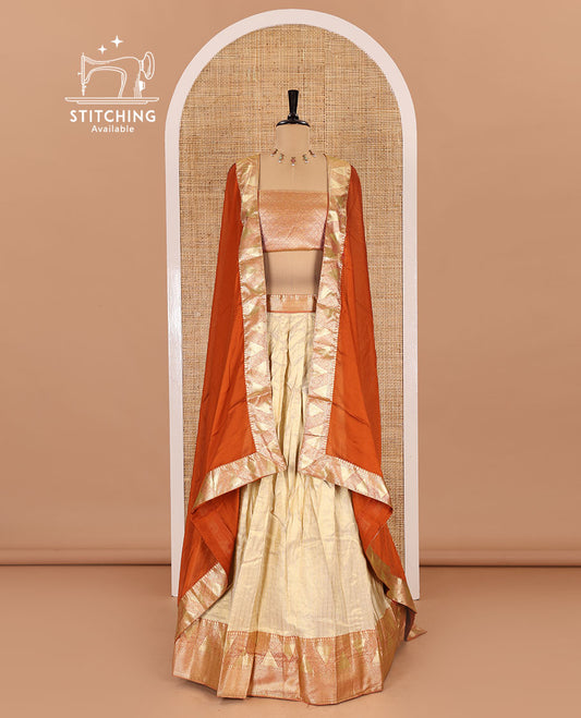 Chikku and rust half-saree, zari checked with contrast traditional zari bordered banarasi skirt, jacquard blouse, and a contrast zari bordered syska georgette dhavani