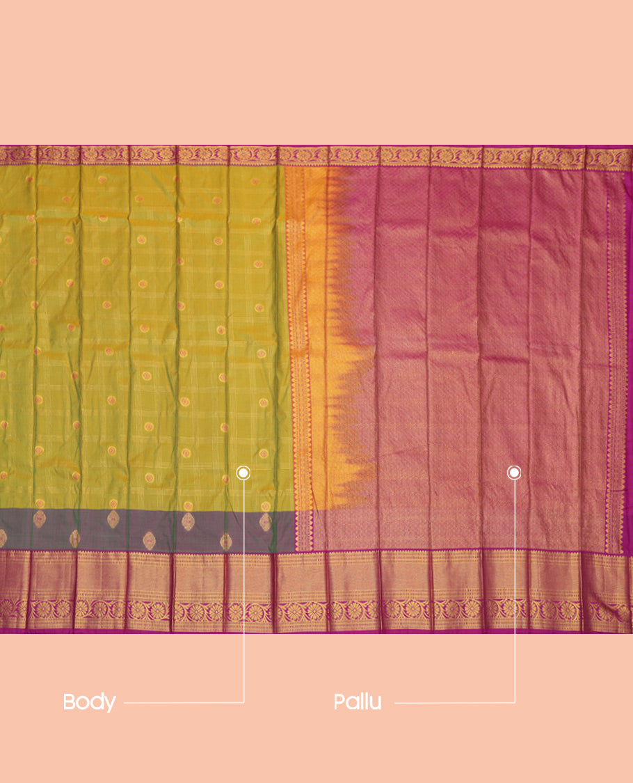 Green Budget Silk Saree, Embellished with Zari Buttas Enclosed Checks, a Contrast Traditional Zari Border, Grand Pallu, and a Contrast Blouse