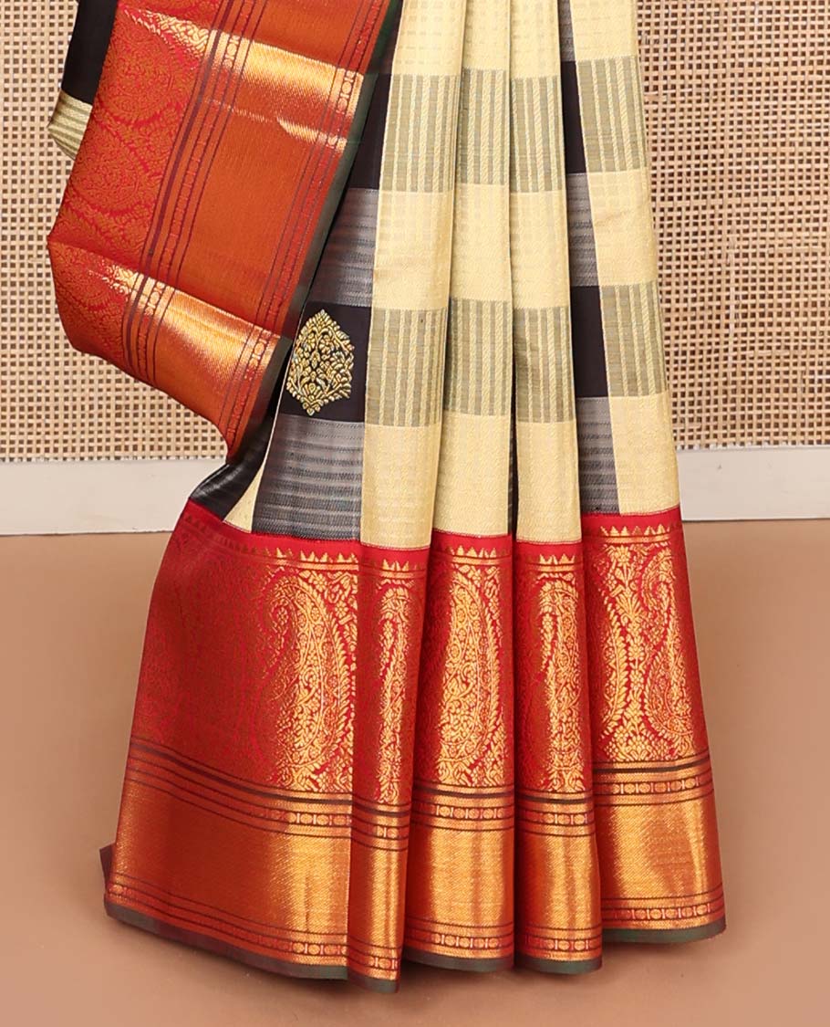 Multi-color checked and zari buttas Kanchipuram korvai silk saree, contrast neer korvai border of rekku, arumbu manga, banaras, poun, and kathir designs, and kathir pallu