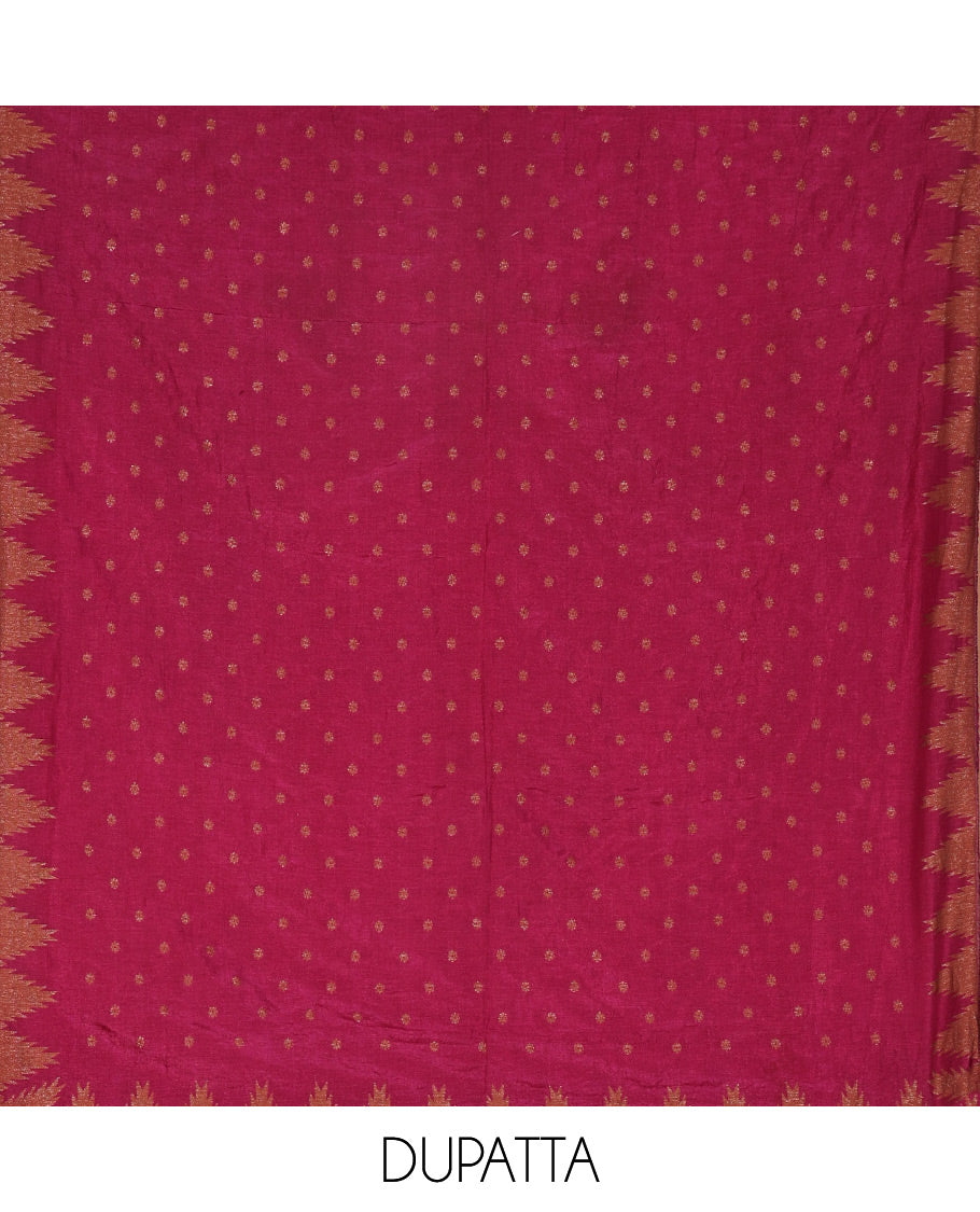 Magenta Material Chudidar Set Embellished with 1000 Zari Buttas Woven Banaras Top, Subtly Made Plain Santoon Bottom, and a Banarasi Dupatta Featuring Zari Buttas and Temple Buttas