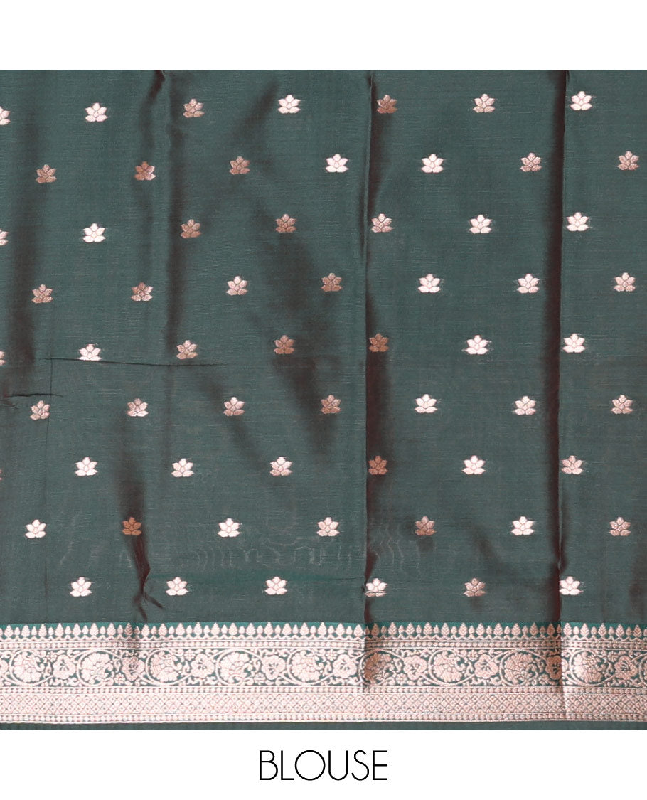 Borderless yellow floral motifs steeped elite soft silk saree, contrast lotus-like motifs pallu, and contrast buttas blouse