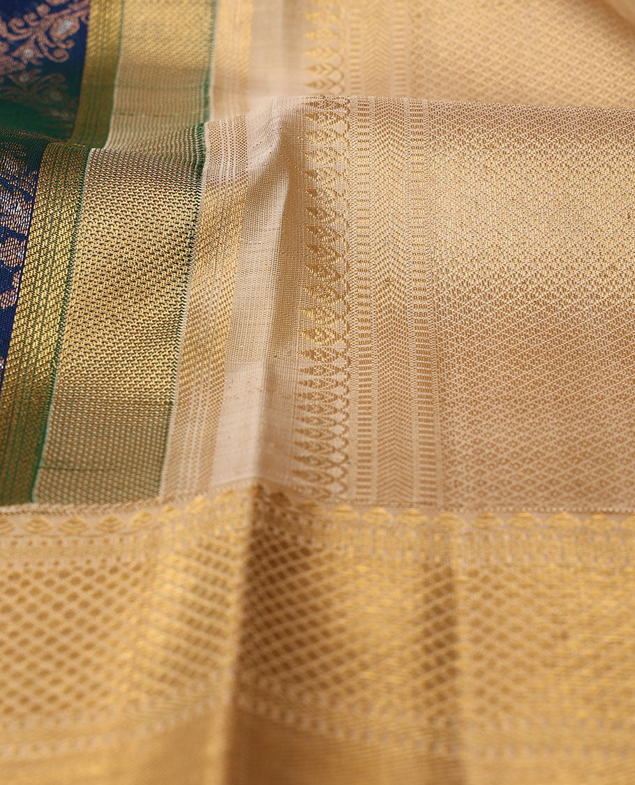 Blue jacquard silk saree, contrast border of thilakam mokku,muthu,kathir & kuyil kann design & jaal pallu