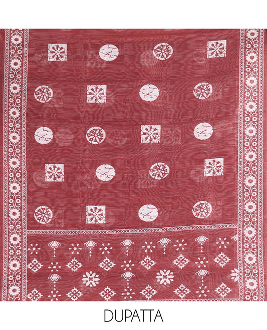 Wine Chanderi Material Chudidar Features Batik Printed Top, a Matching Bottom, and Batik Printed Dupatta