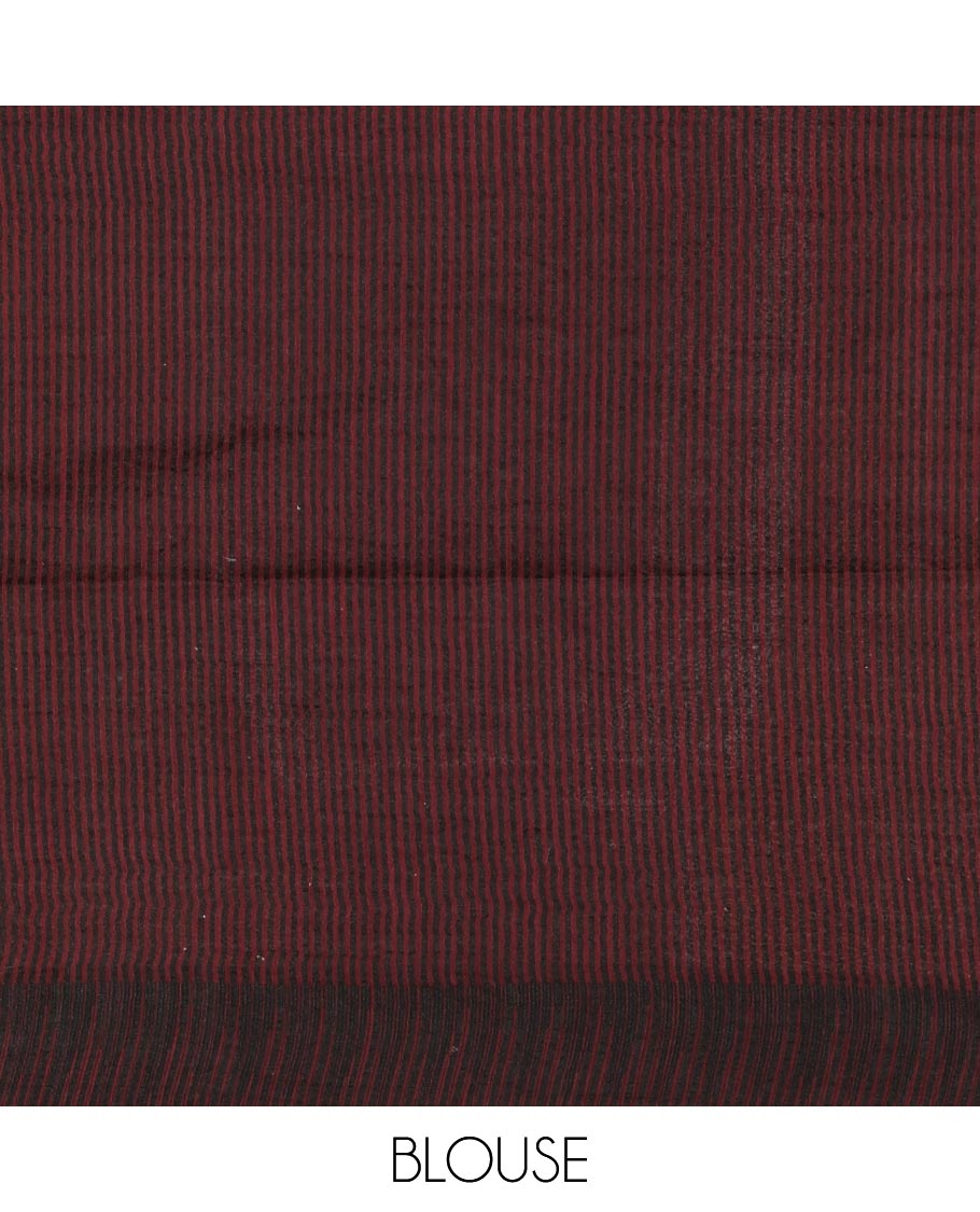 Wine plain staple cotton saree, contrast temple border, striped pallu & vertical striped blouse