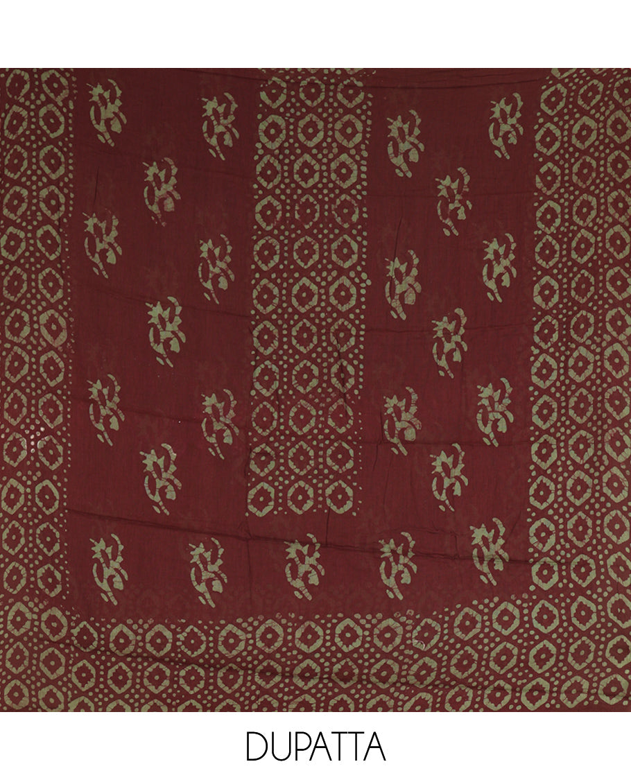 Coffee Brown Cotton Material Chudidar, Batik Printed Hakoba Work Top, Contrast Bottom, Batik Printed Dupatta