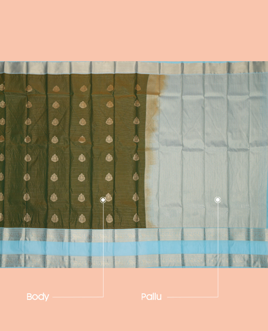 Green Budget Silk Saree, Decorated with Zari Buttas and Stripes, Complemented by Contrast Traditional Rettai Pettu Border, a Grand Pallu and a Contrast Blouse