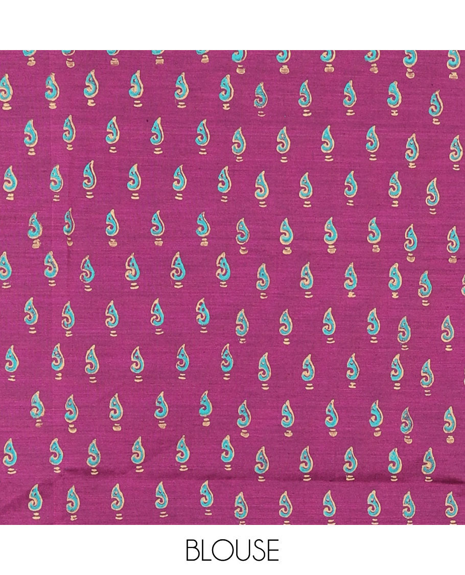 Blue lotus leaf motifs printed South cotton saree with floral creeper border, a matching blouse, and a contrast buttas block printed blouse