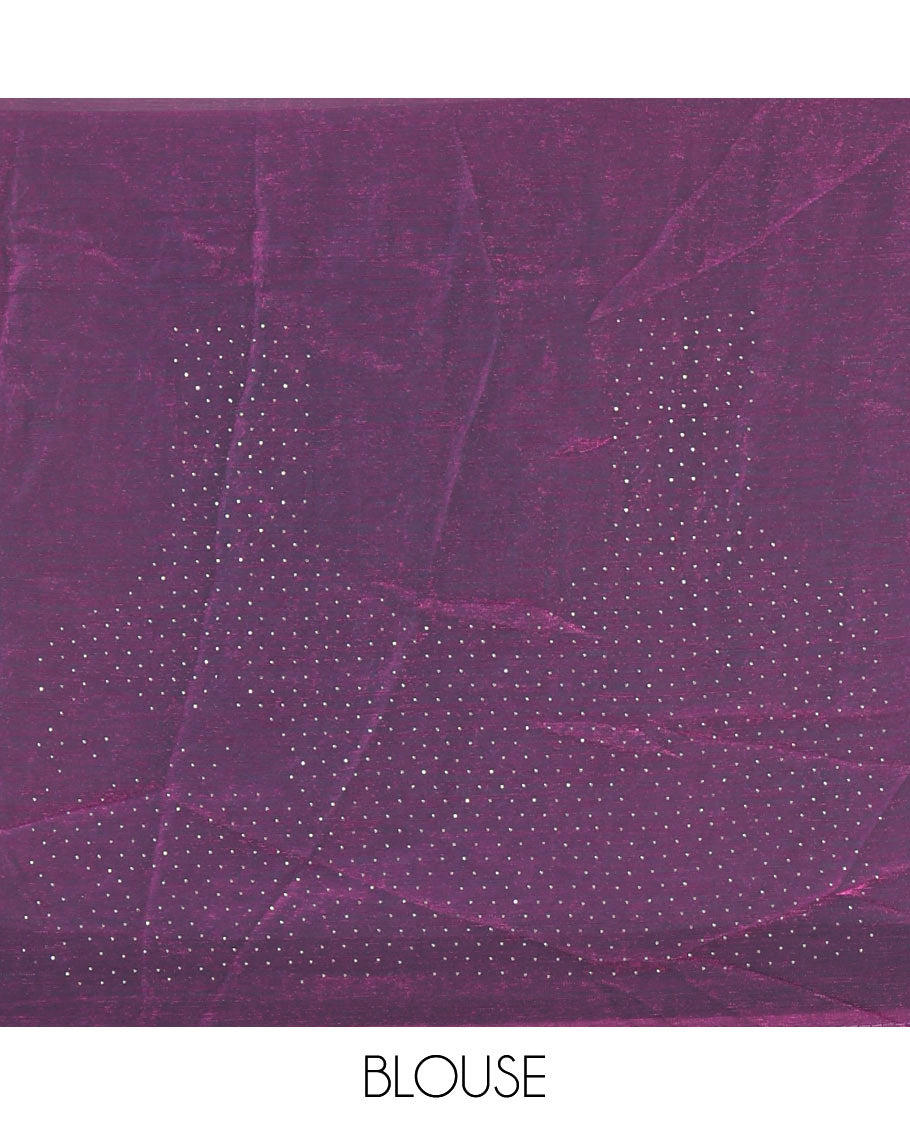 Lavender full-plain fendy chiffon saree, scallop swarovski stone work geometric border and contrast plain blouse
