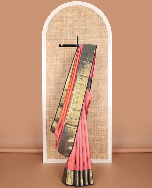 Pink geometric design silk saree with contrast border of manga, muthu, banaras, kuyil kann design & floral pallu