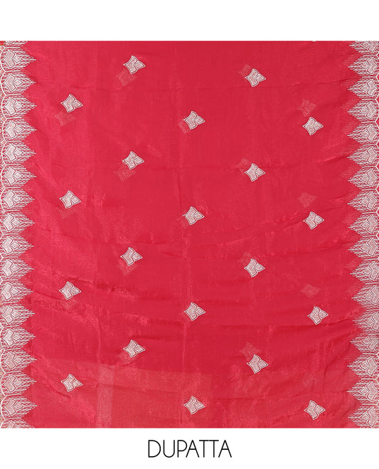 Rani Pink Crunchy Chiffon Material Chudiddar, Embroidered Top, Plain Bottom, Embroidered Scallop Dupatta