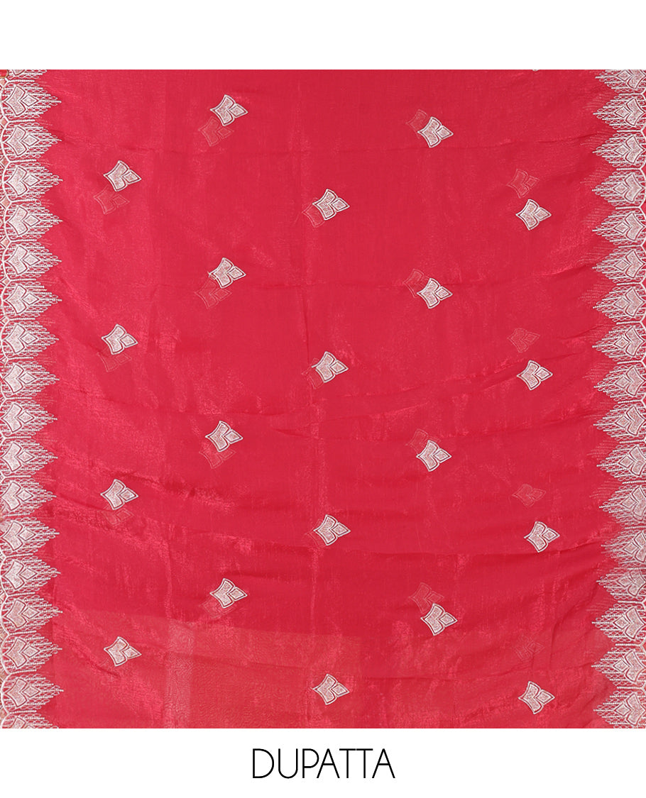 Rani Pink Crunchy Chiffon Material Chudiddar, Embroidered Top, Plain Bottom, Embroidered Scallop Dupatta
