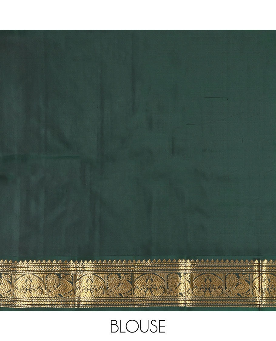 Pink Kanchipuram Silk Saree, Subtly Sparkled with Buttas on Its Body, Complemented by a Contrast Border of Thilakam, Banaras, Muthu, Neli, and Mayil Designs, Grandly Jaal Woven Pallu, and Paired with a Contrast Blouse