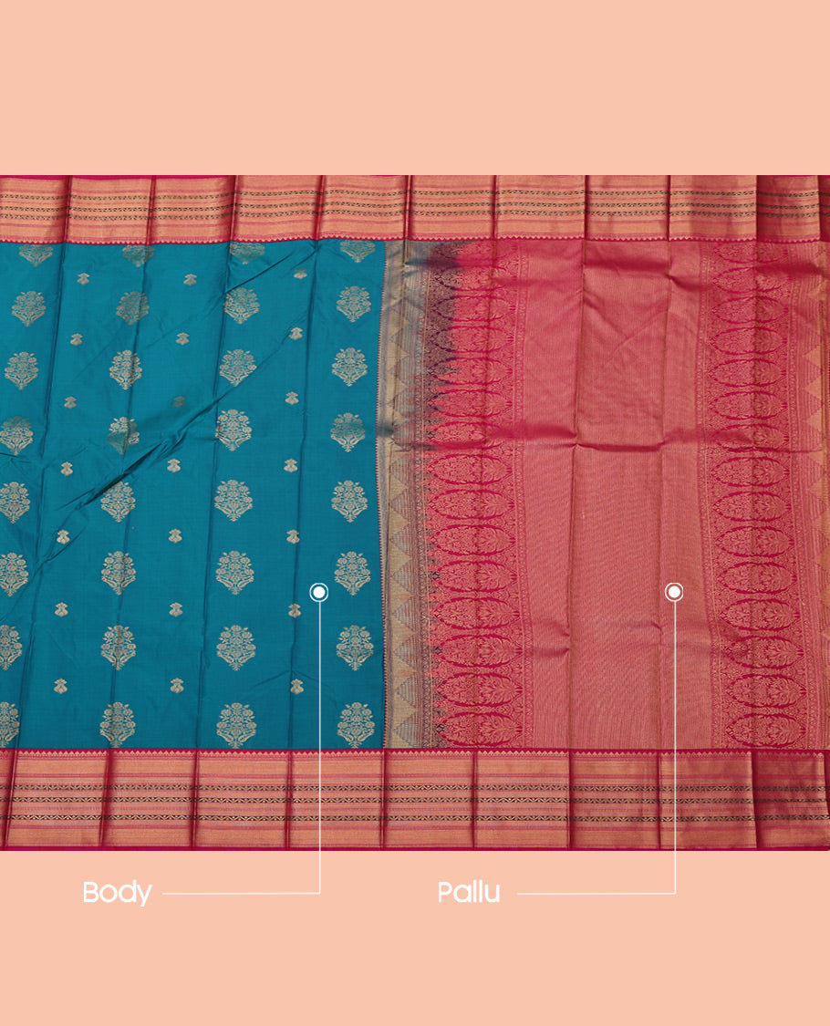 Blue Budget Silk Saree, Woven with Zari Buttas All Over Its Body, Complemented by a Contrast Traditional Zari Border, Grand Pallu, and Paired with a Contrast Blouse