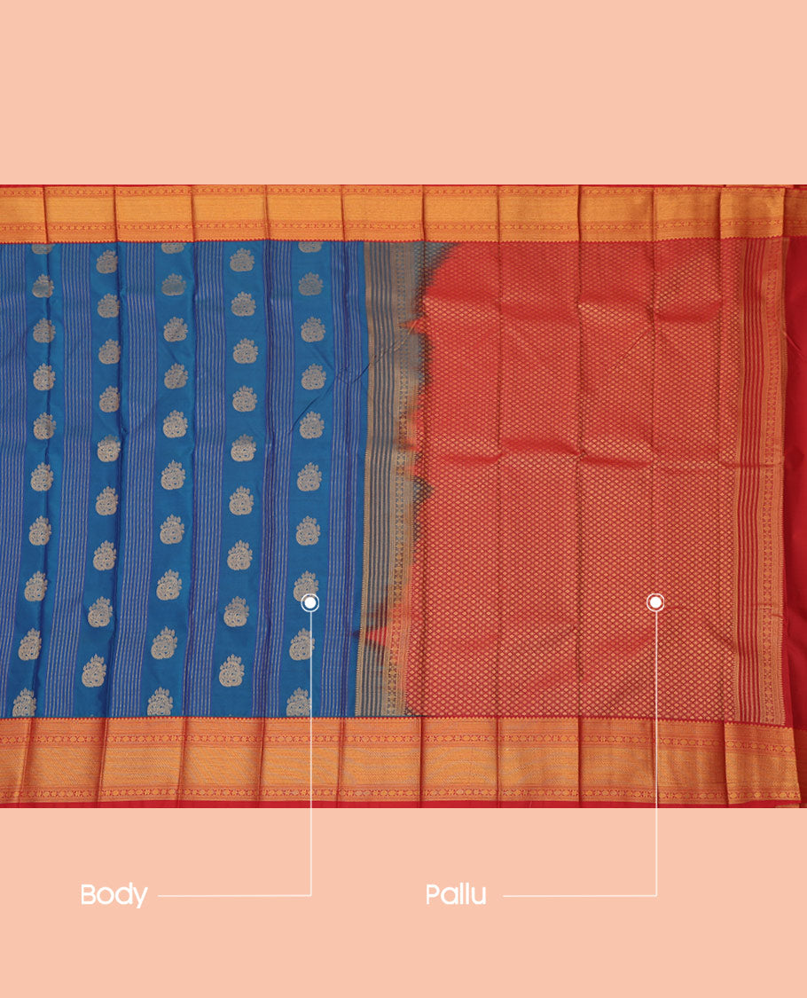 Blue Budget Silk Saree, Accentuated with Zari Buttas and Stripes, a Contrast Traditional Zari Border, Jaal Pallu, and a Contrast Blouse