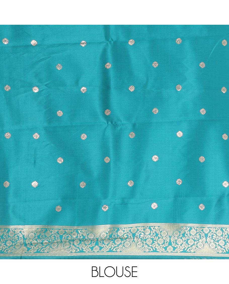 Cream color Antique buttas twill tissue saree, contrast satin thread woven border & pallu of mughal-style motifs & buttas green blouse