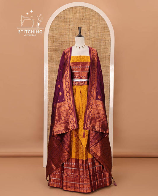 Mustard semi-banaras half-saree, embossed & contrast traditional zari border skirt,blouse of embossed & zari work & contrast-magenta zari design dhavani