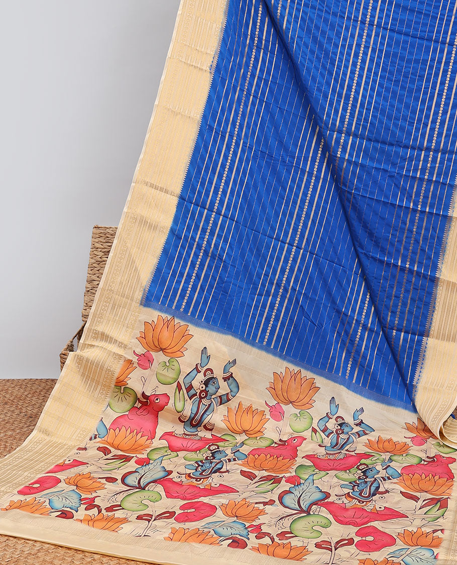 Blue striped design mysore silk saree with contrast intricate zari border & pichwai theme printed pallu