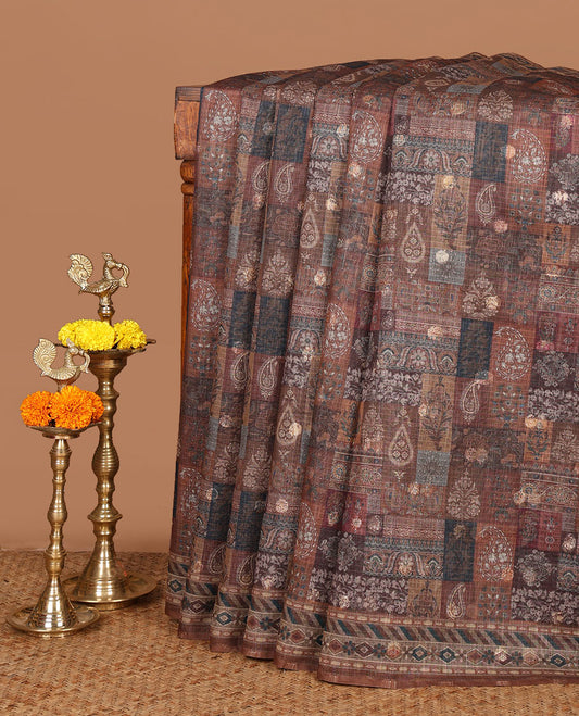 Brown butta digital printed jaipuri kota saree with printed border & printed pallu along with butta design printed blouse