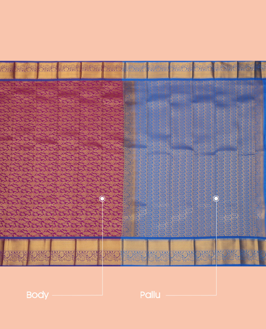 Purple Budget Silk Saree, Ornamented with Jacquard Design, a Contrast Floral Creeper Zari Border, Grand Pallu, and a Contrast Blouse